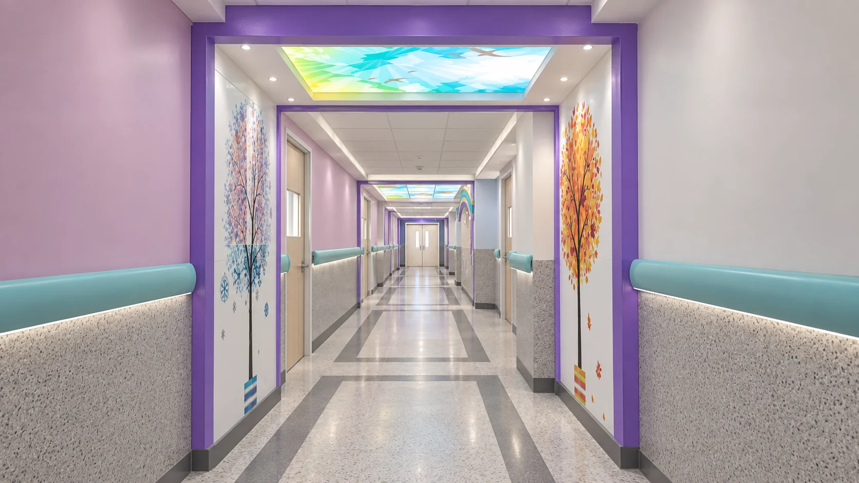 Pediatric ward corridor at Allameh Bohlul Gonabadi Hospital with purple portals, child graphics and protective wall rails