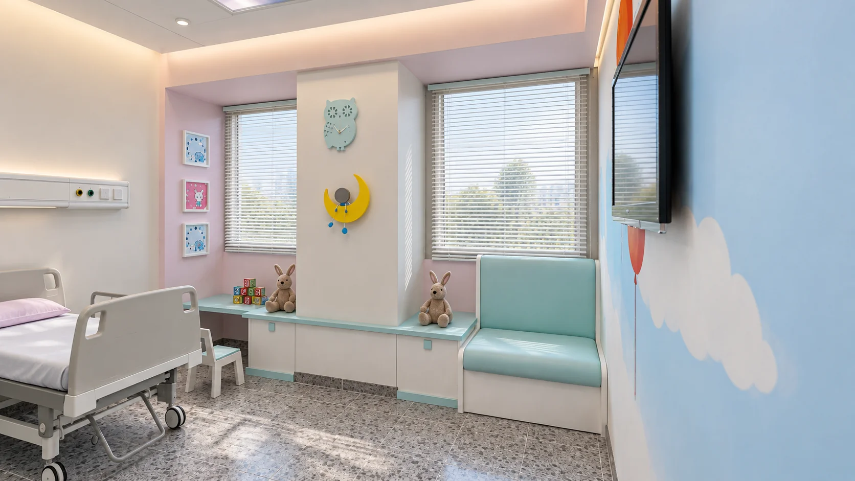 Pediatric patient room with large windows, companion seating and child-friendly decor at Allameh Bohlul Gonabadi Hospital