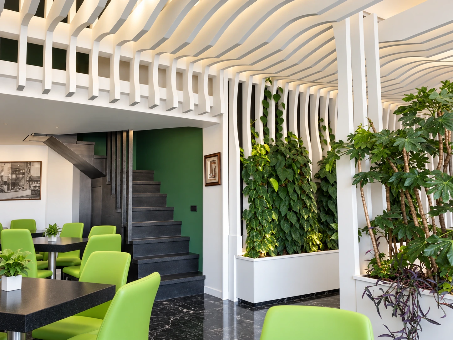 Architectural detail of the layered white ceiling and planted divider at Atiyeh Hospital Café