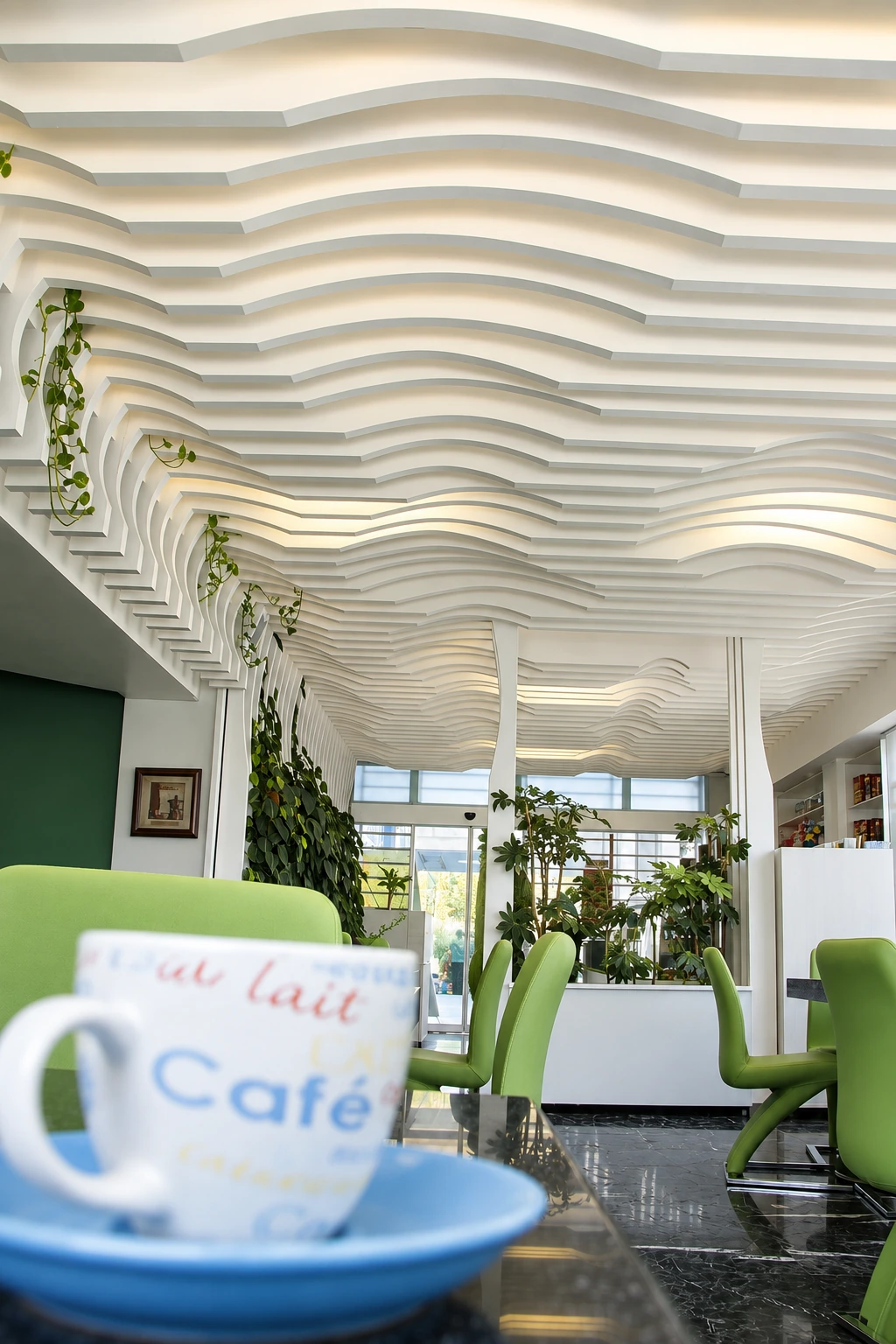 Hospital café lounge with flowing ceiling geometry, black flooring and green seating