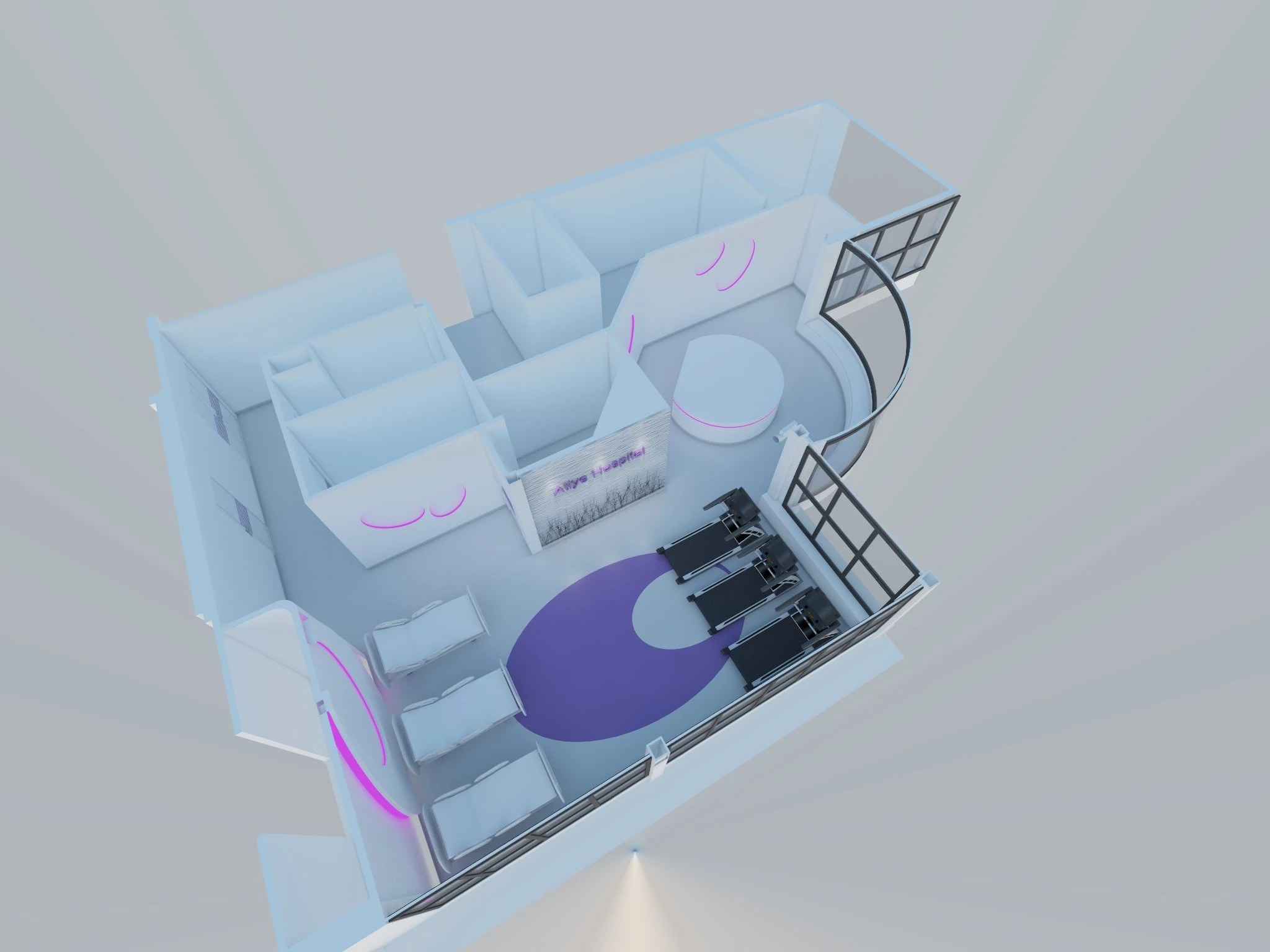Second axonometric study of the interior organization of Atiyeh Hospital cardiac rehabilitation unit