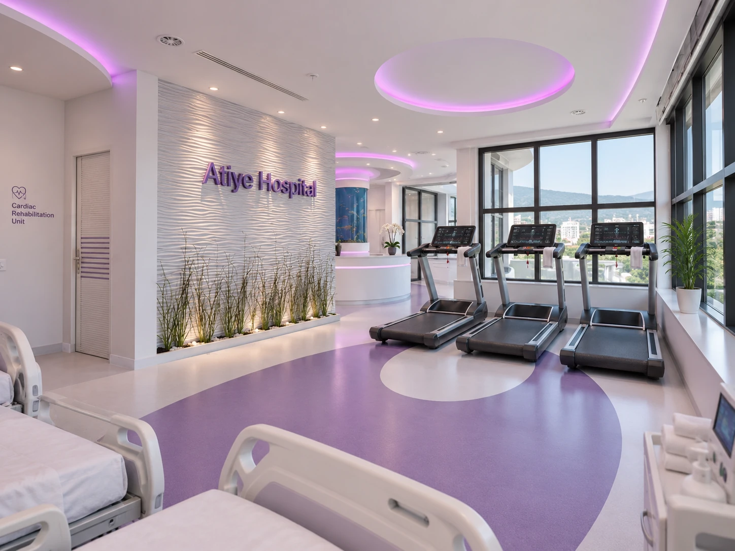 Main interior view of Atiyeh Hospital cardiac rehabilitation unit with patient beds, exercise equipment and ceiling lighting
