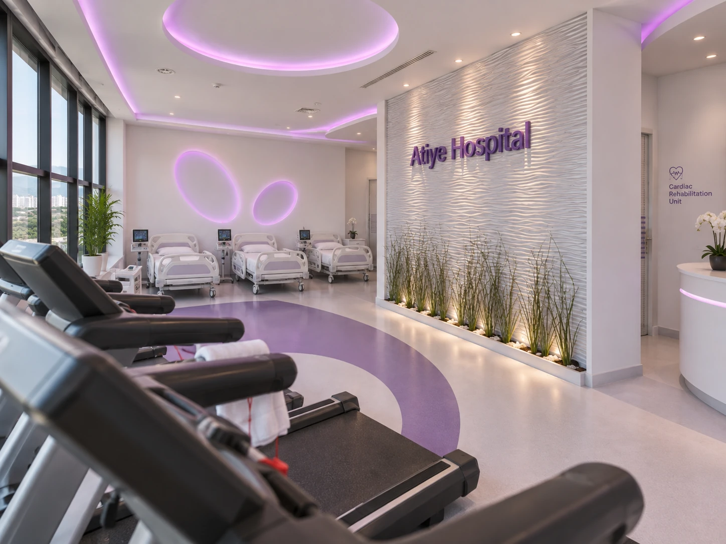 Interior view of the Atiyeh Hospital cardiac rehabilitation unit with curved forms and integrated lighting