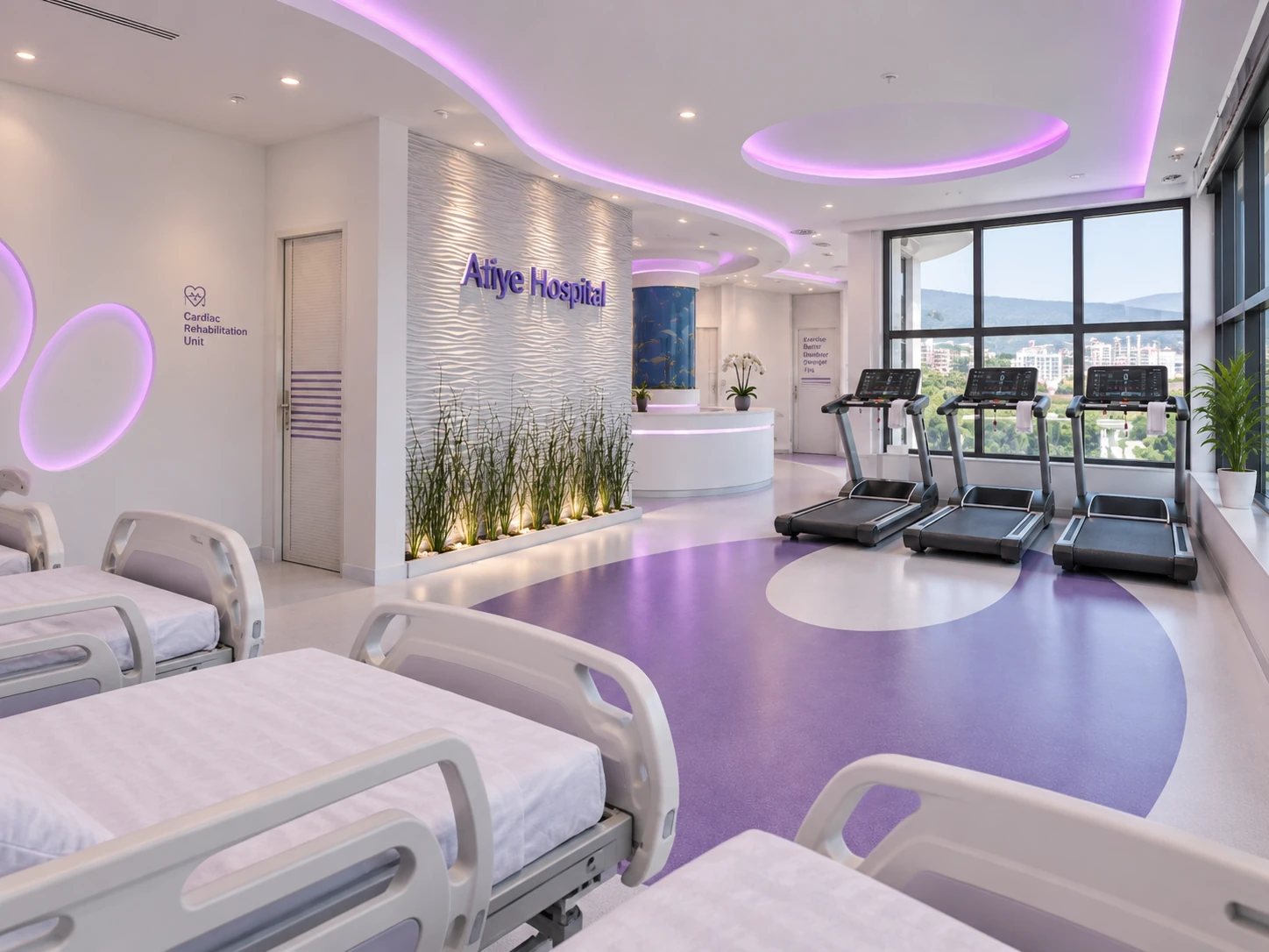 Alternate view of the cardiac rehabilitation unit with treadmills and a purple-accented interior identity