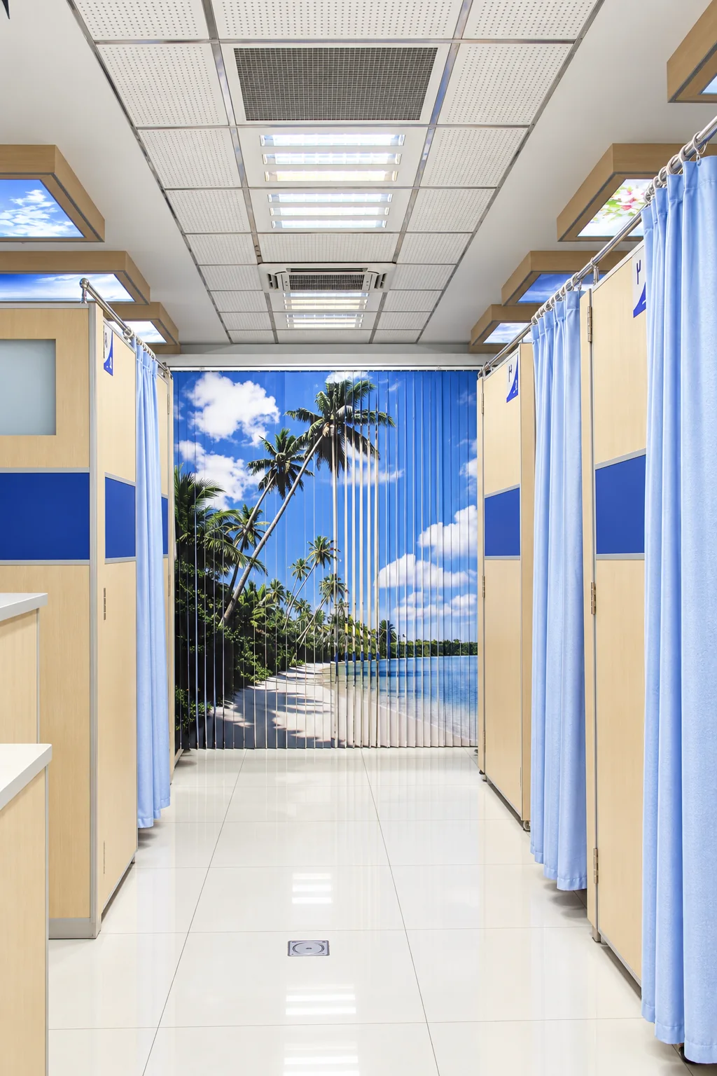 Long view through Baqiyatallah Hospital injection department corridor with treatment partitions and tropical landscape graphic