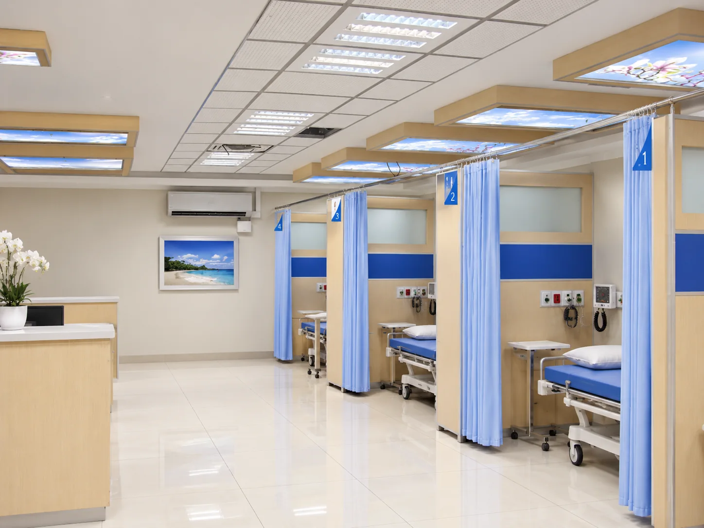 Semi-private treatment bays in Baqiyatallah Hospital injection department with light partitions and blue privacy curtains
