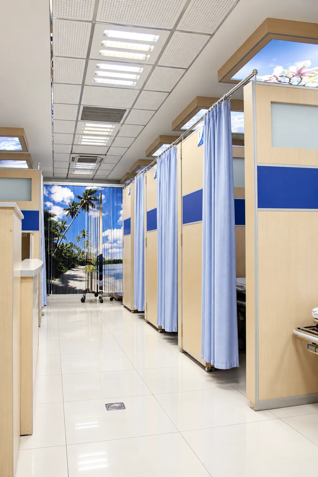 Main injection department corridor at Baqiyatallah Hospital with semi-private patient bays and privacy curtains