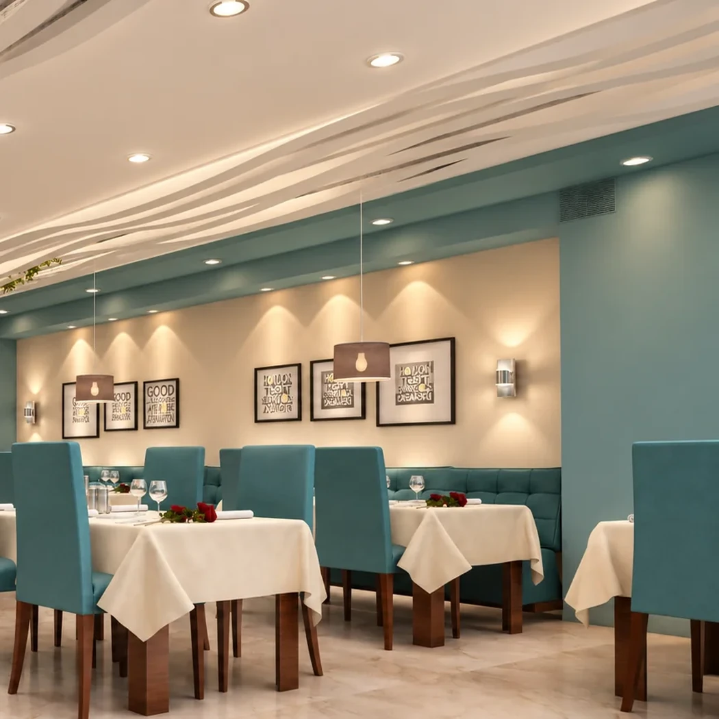 Seating and lighting detail in the Baqiyatallah Hospital staff restaurant