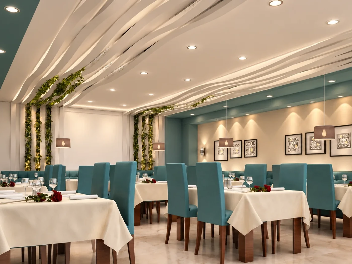 Main dining view of the Baqiyatallah Hospital staff restaurant with turquoise seating and a sculptural ceiling
