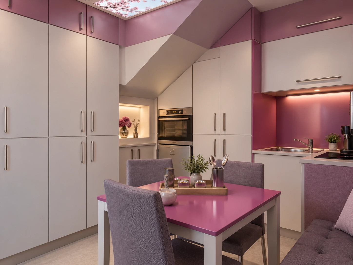 Staff lounge view in the MRI rest area at Dey Hospital in Tehran with pink and white finishes