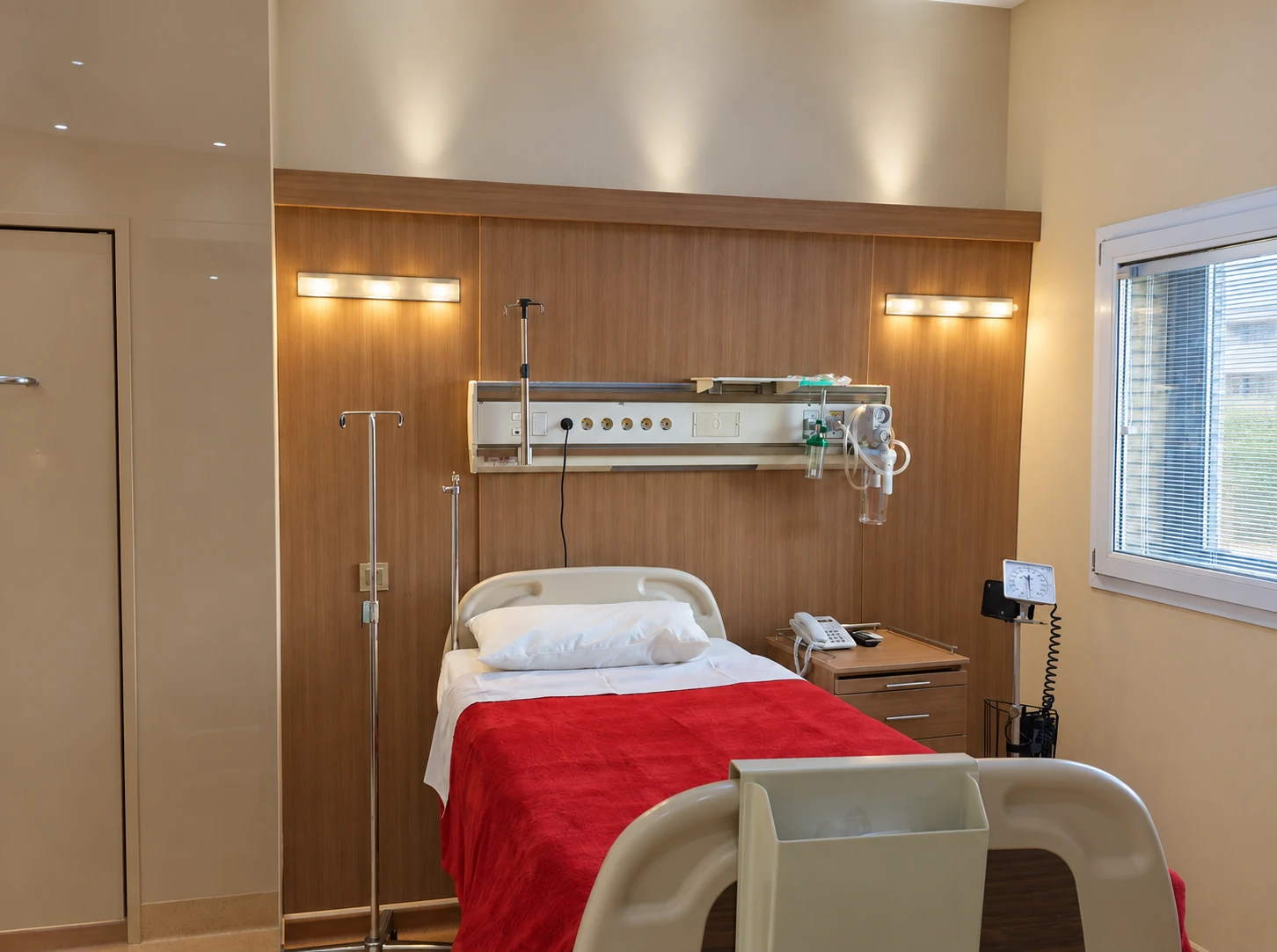 VIP patient room at Dey Hospital Tehran with medical headwall, warm wood finishes and natural light