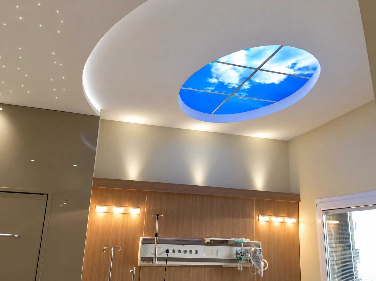 Decorative sky ceiling feature and calm lighting in the Dey Hospital VIP ward