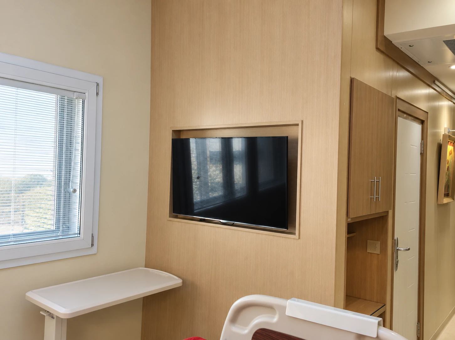 Integrated TV wall and wood cabinetry in the VIP ward at Dey Hospital Tehran