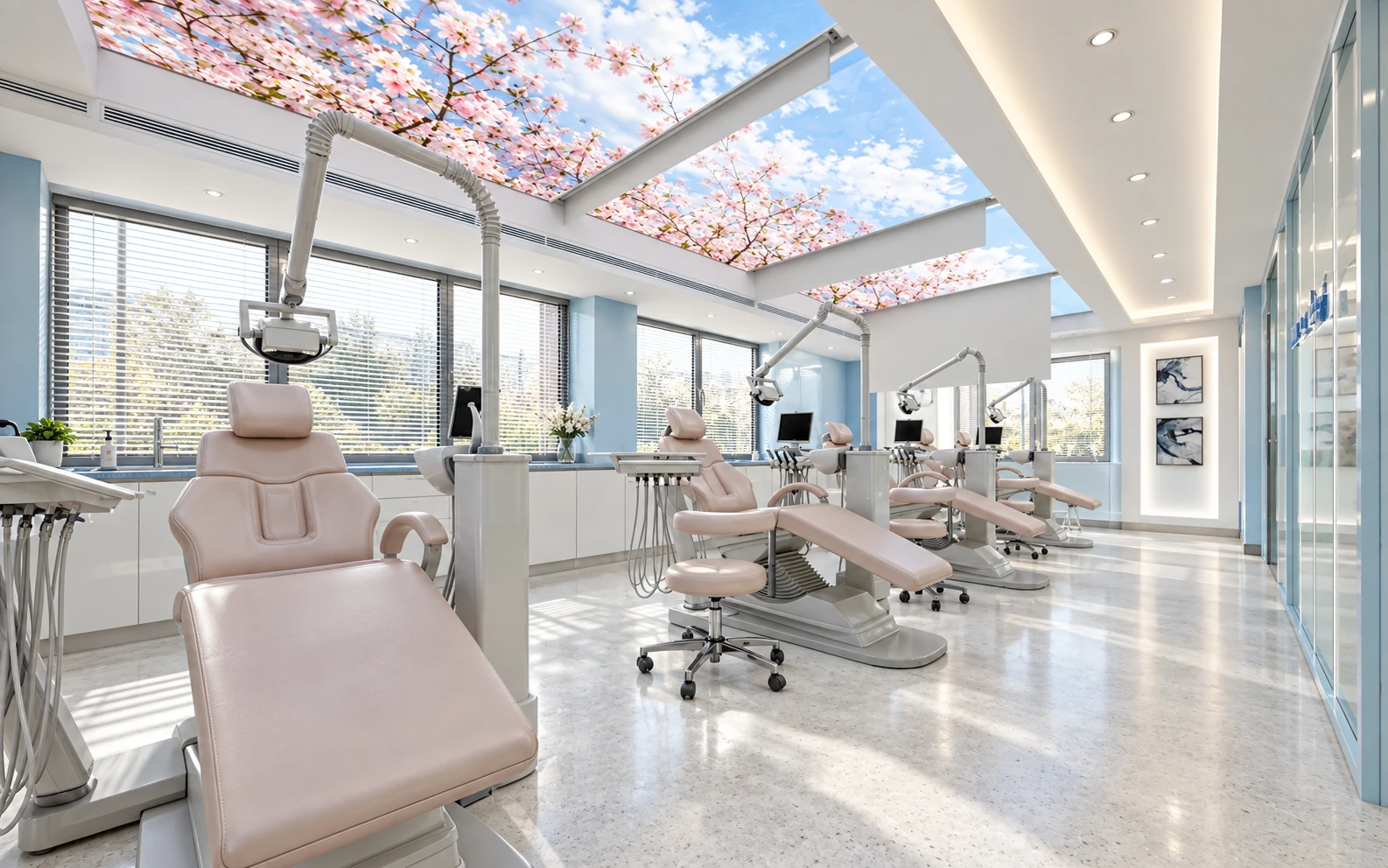 Dr. Amini Diş Kliniği tedavi alanında diş üniteleri ve aydınlatmalı tavan panelleri
