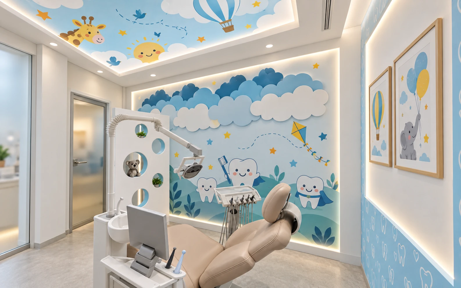 Dr. Amini Diş Kliniğinde çocuk dostu grafikler ve yumuşak aydınlatmalı pediatrik tedavi odası
