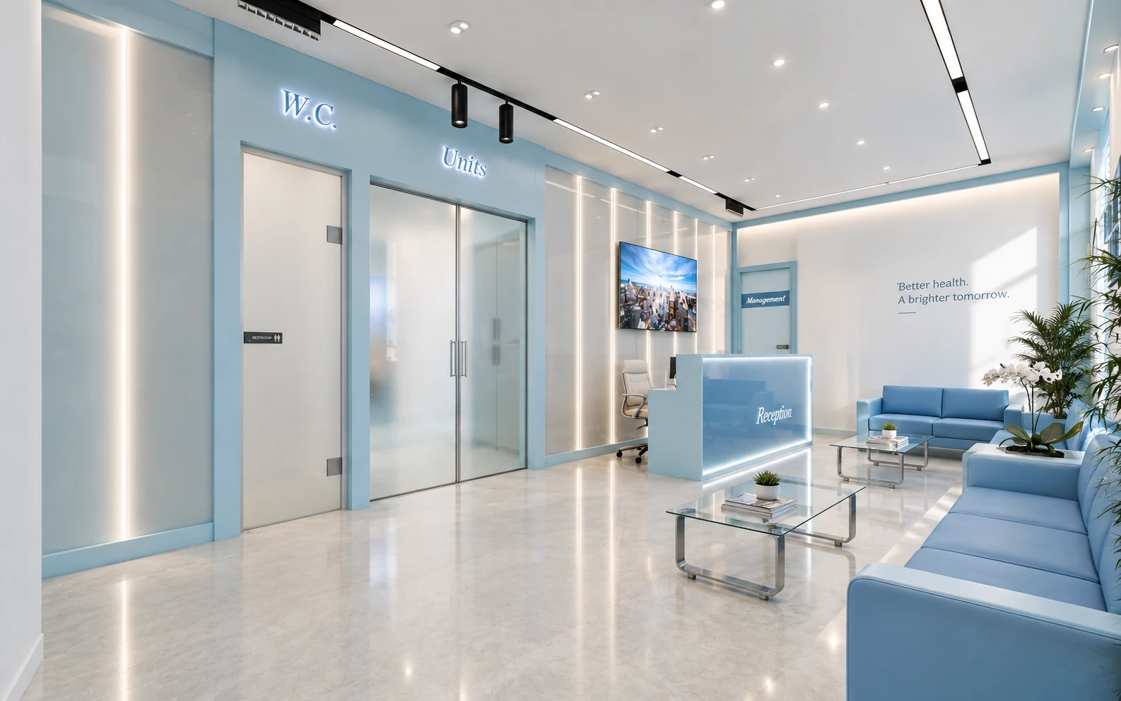 Dr. Amini Diş Kliniği beyaz ve açık mavi tonlarda resepsiyon ve bekleme alanı