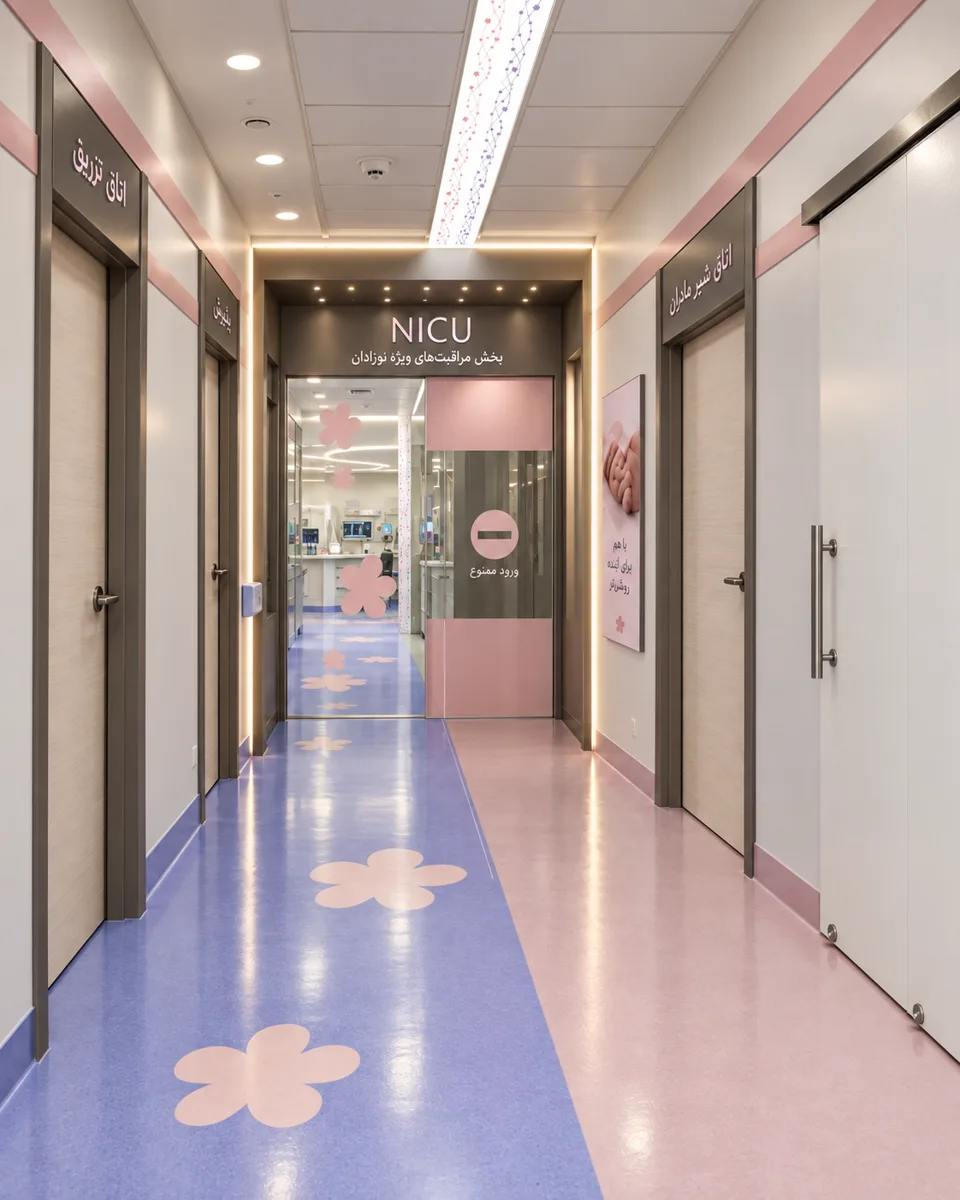 ممر مدخل قسم NICU في مستشفى آرش بتصميم داخلي هادئ ومدخل زجاجي