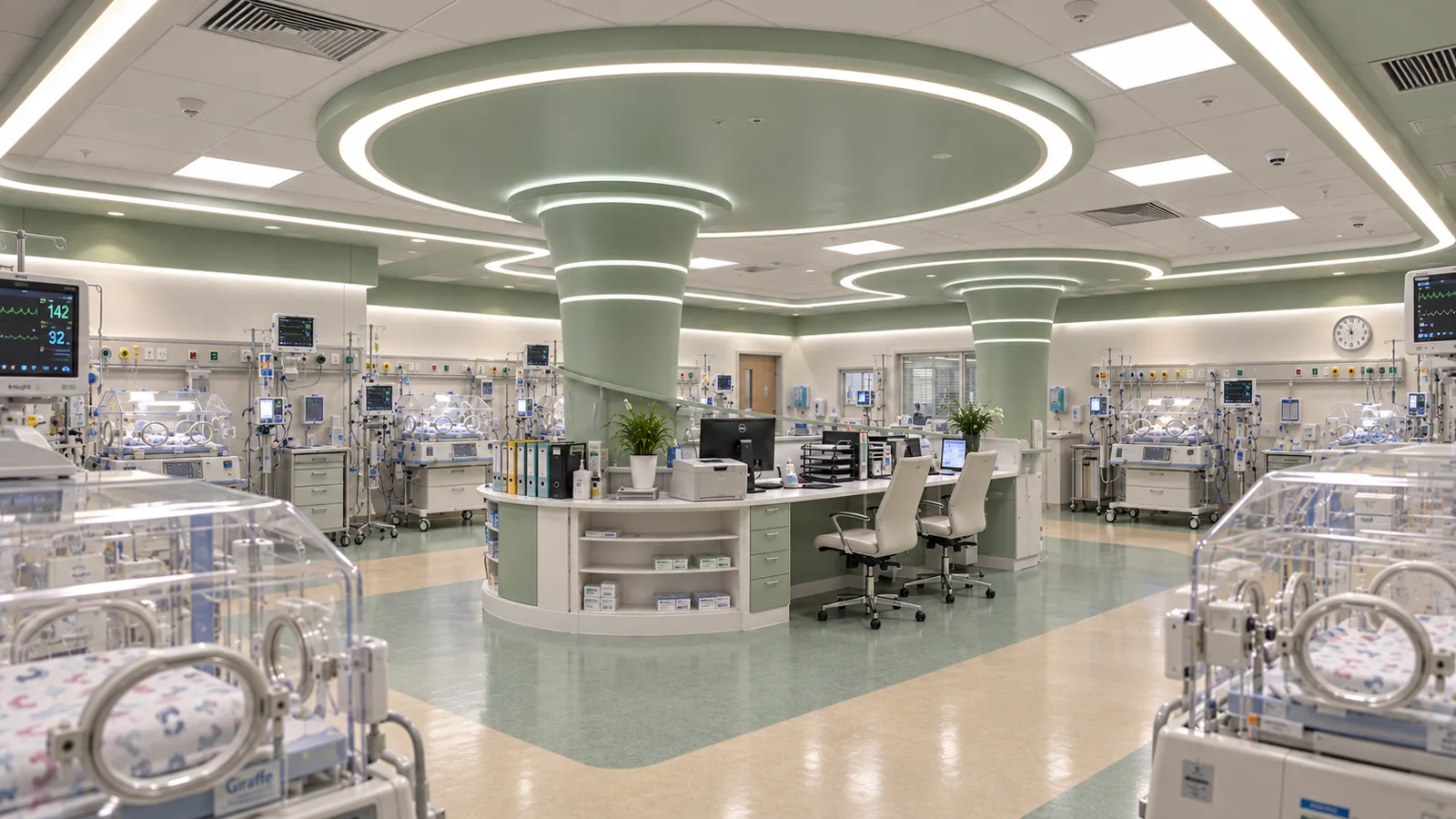 المساحة الرئيسية لقسم NICU في مستشفى آرش للنساء مع الحاضنات ومحطة التمريض والخدمات الطبية المتكاملة