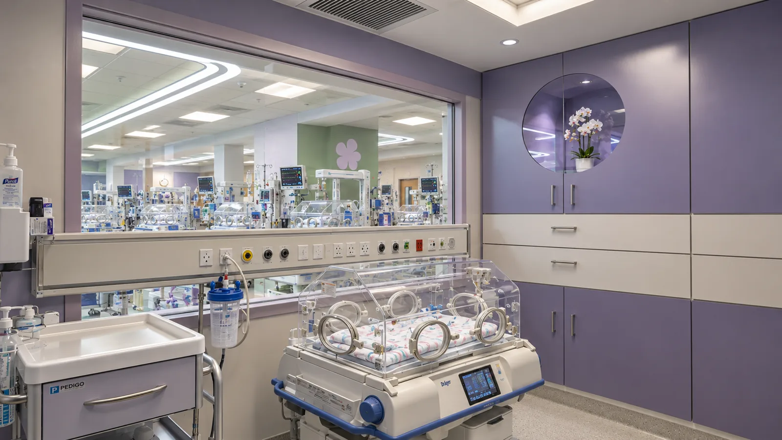 غرفة المراقبة في قسم NICU بمستشفى آرش مع حاضنة ووحدة خدمات طبية ونافذة رؤية