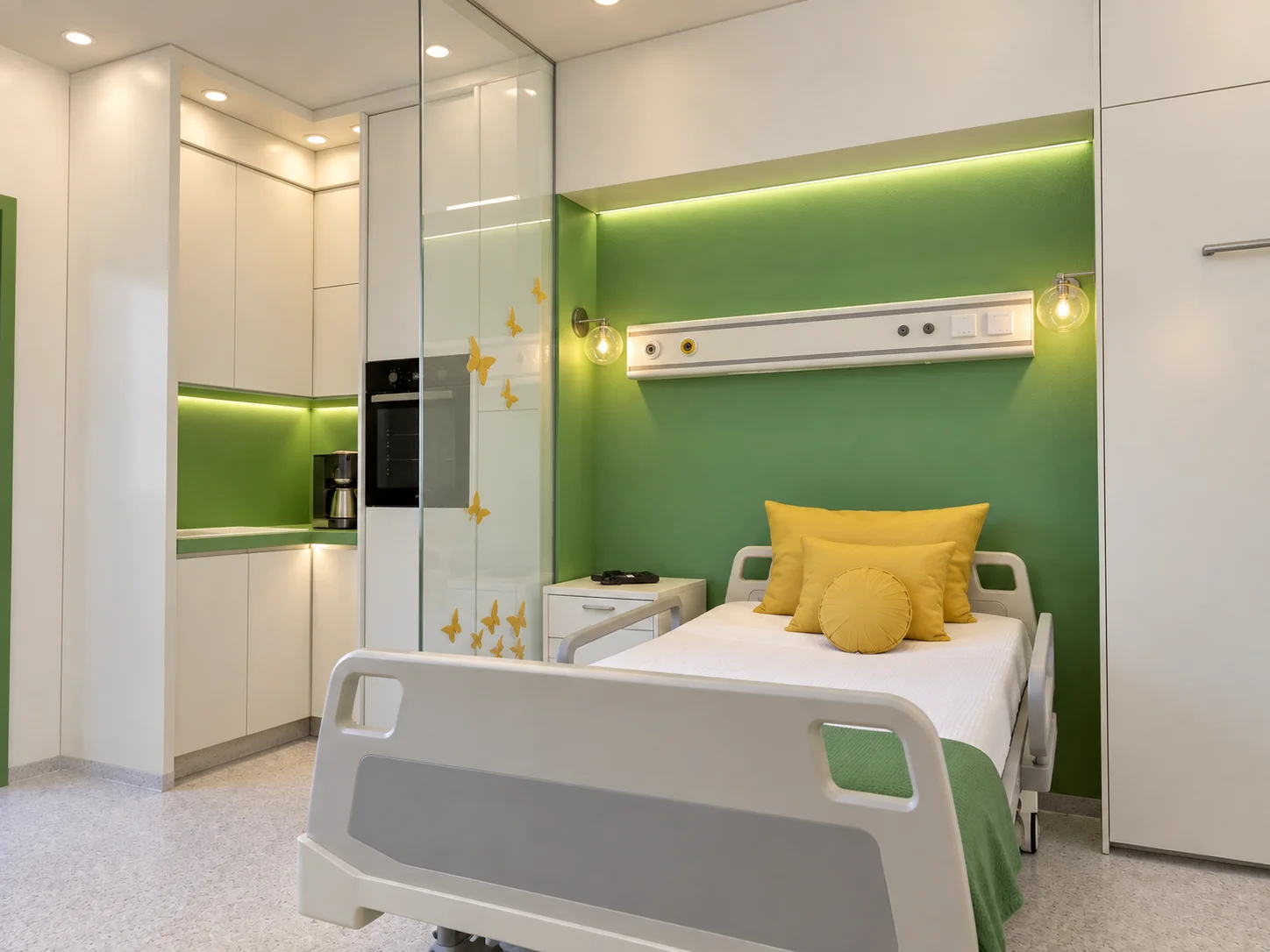 CCU patient bed with wall-mounted medical service panel, glazed partition and integrated lighting