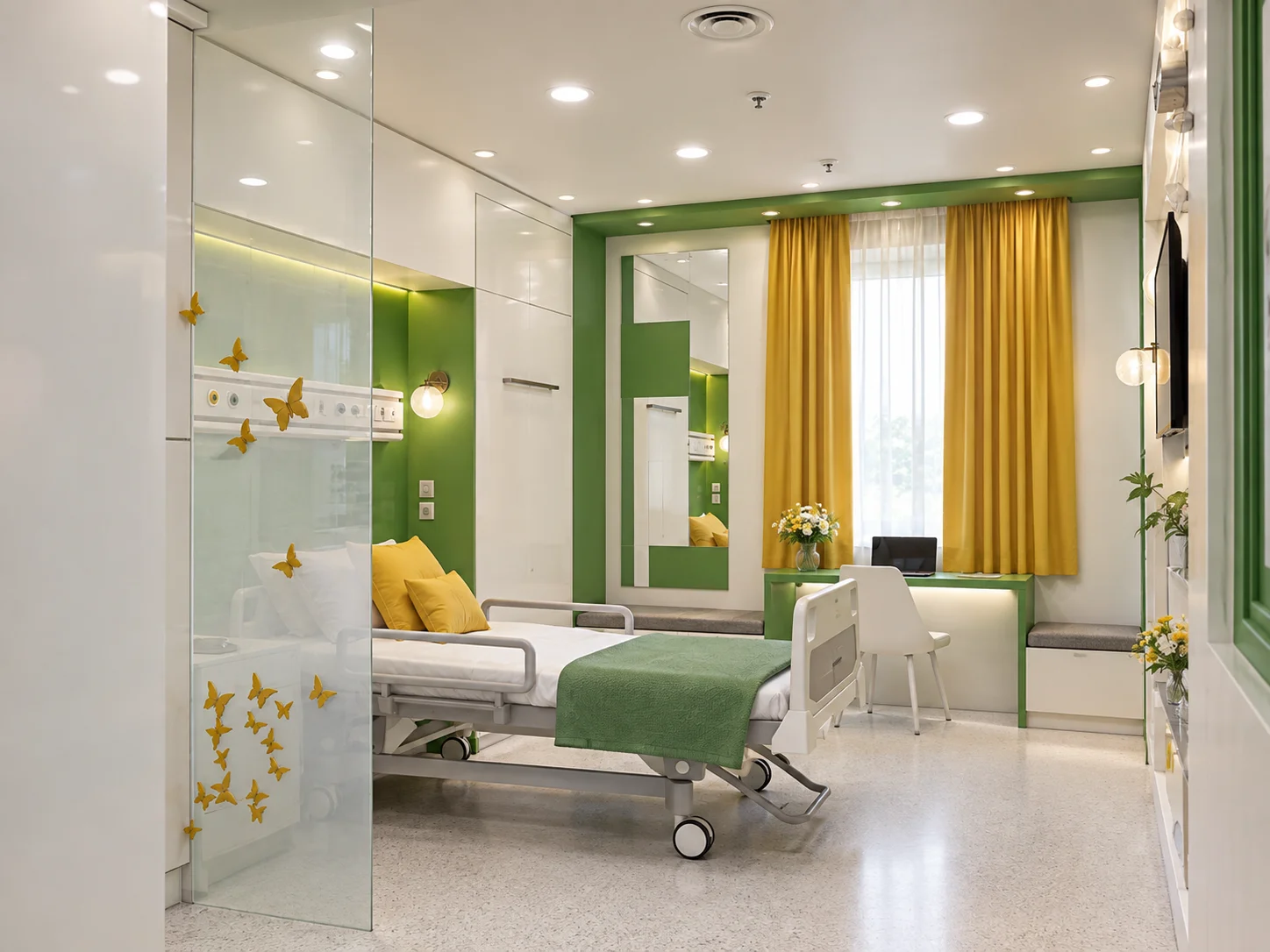 Baqiyatallah Hospital CCU patient room with glazed partition, bedside service panel and window-side workspace