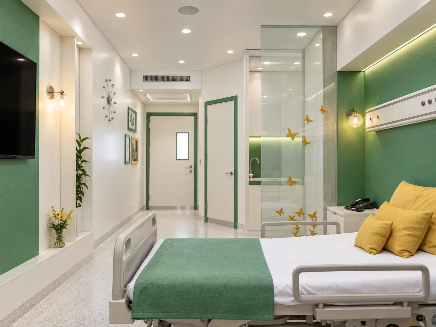Baqiyatallah Hospital CCU patient room showing bed layout, circulation area and glazed separation