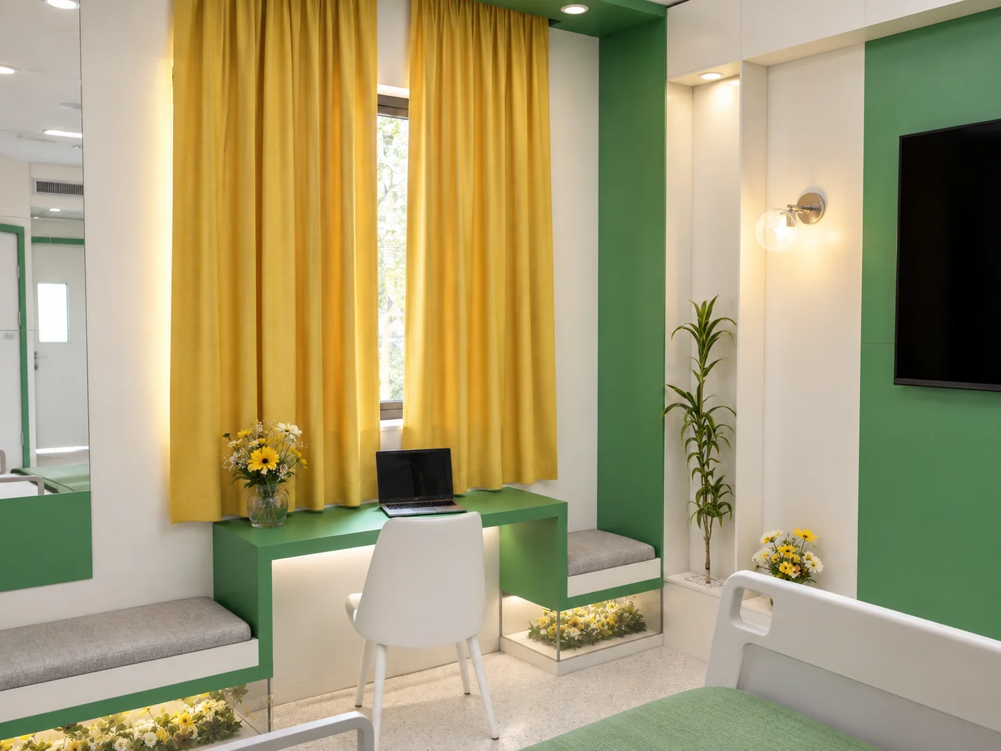 Window-side workspace and seating within a Baqiyatallah Hospital CCU patient room