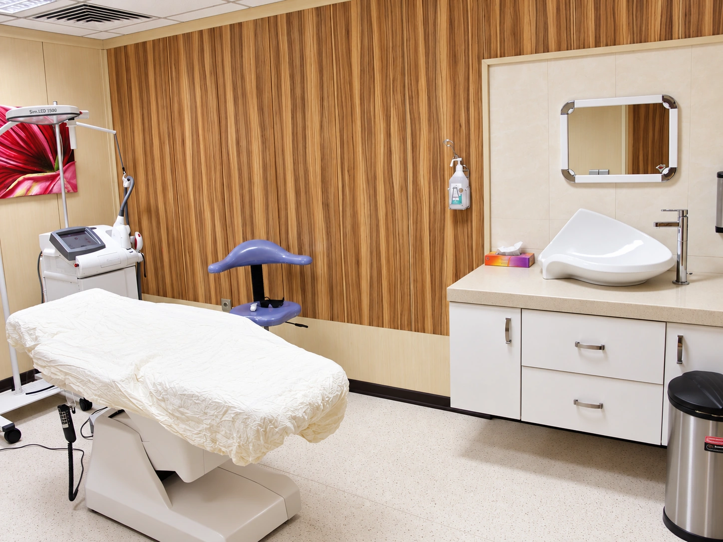 Dermatology treatment room at Baqiyatallah Hospital with treatment bed, sink and wood wall finishes