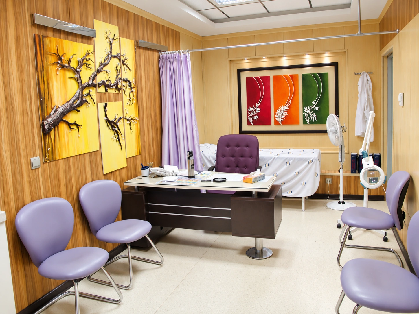Consultation room at Baqiyatallah Hospital Dermatology and Hair Clinic with physician desk, examination bed and wood wall finishes