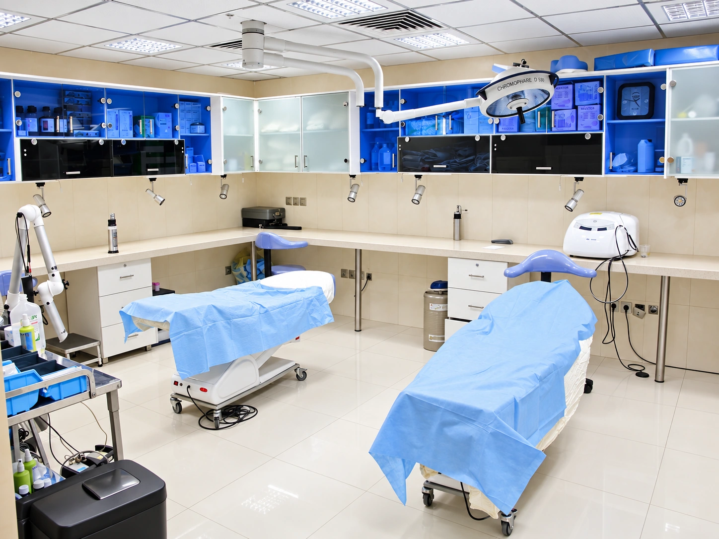 Laser and treatment room at Baqiyatallah Hospital Dermatology and Hair Clinic with medical equipment and integrated sink
