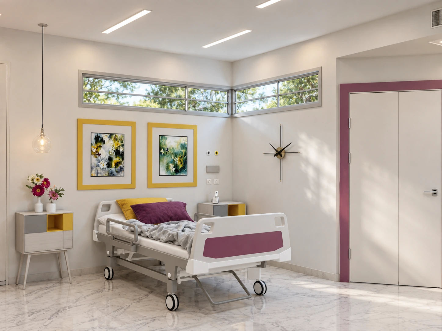 Bed-corner view of the VIP room with clerestory window and pink accent wall