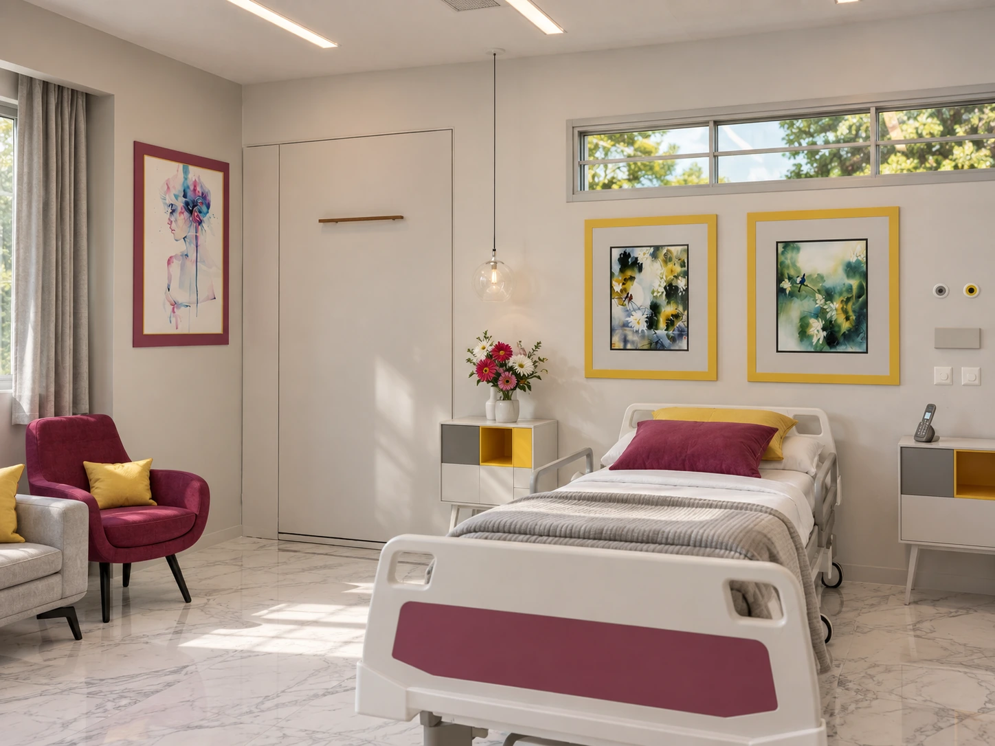 Patient-bed view in the Baqiyatallah Hospital VIP room with bedside table and wall artwork