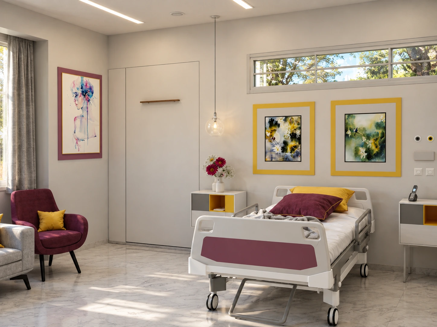 VIP patient-room design with hospital bed, wall art and companion seating