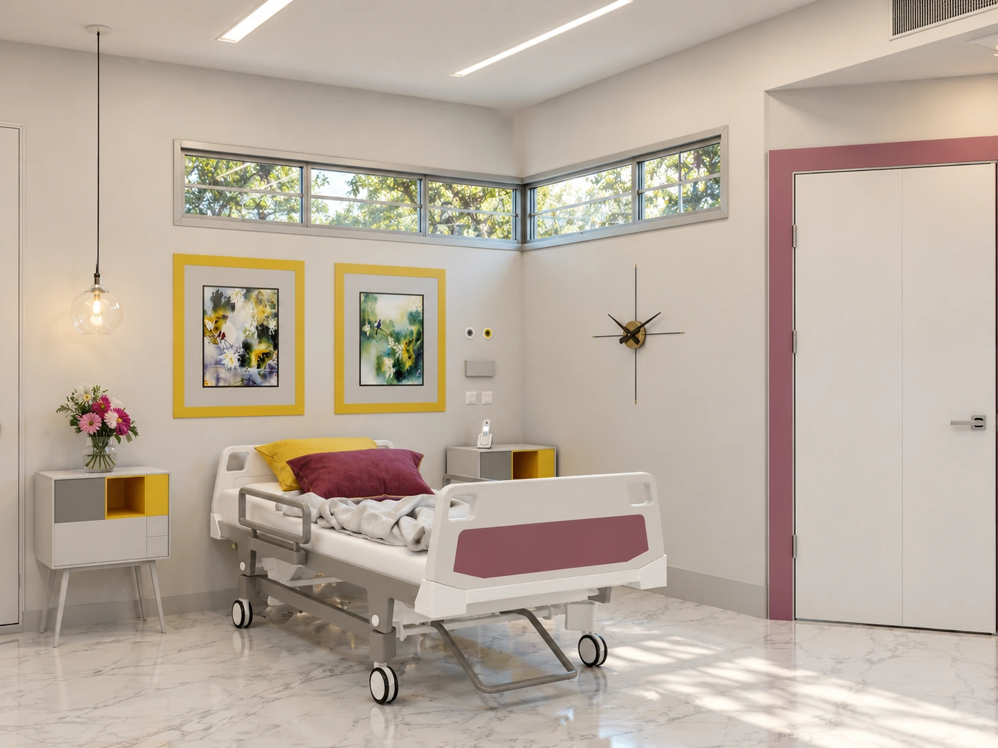 VIP room design with patient bed, entry zone, small dining table and compact kitchenette