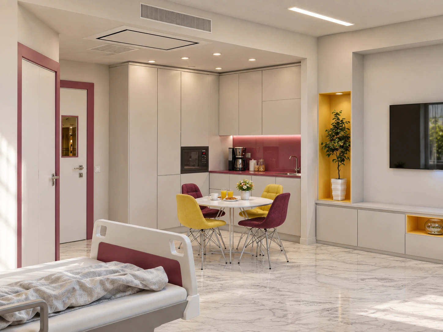Overall VIP suite view with patient bed, compact dining area and support zone