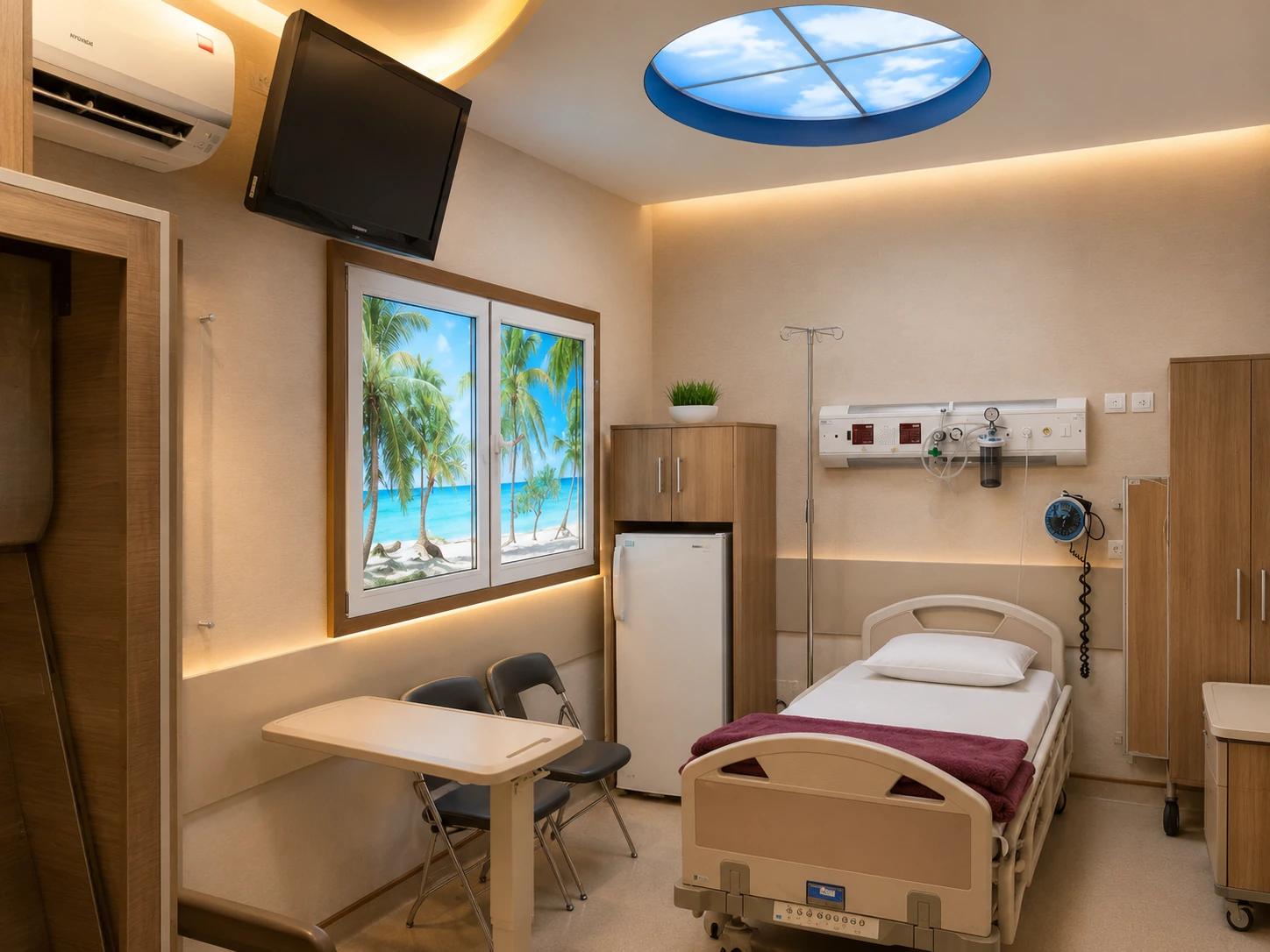 Individual chemotherapy treatment room at Day Hospital with patient bed, medical headwall and nature-themed interior elements