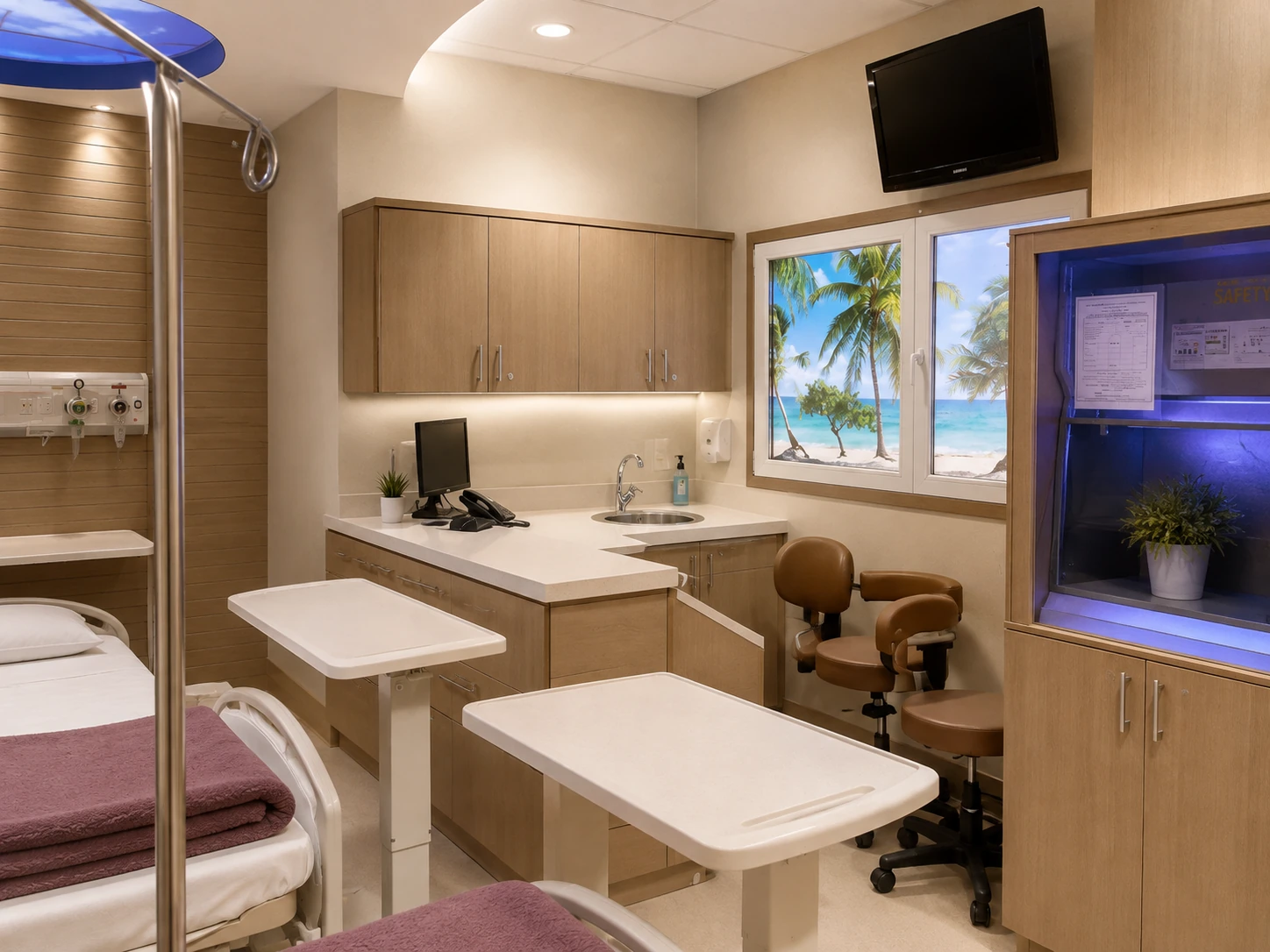 Chemotherapy staff support station at Day Hospital with cabinetry, sink, workstation and treatment beds