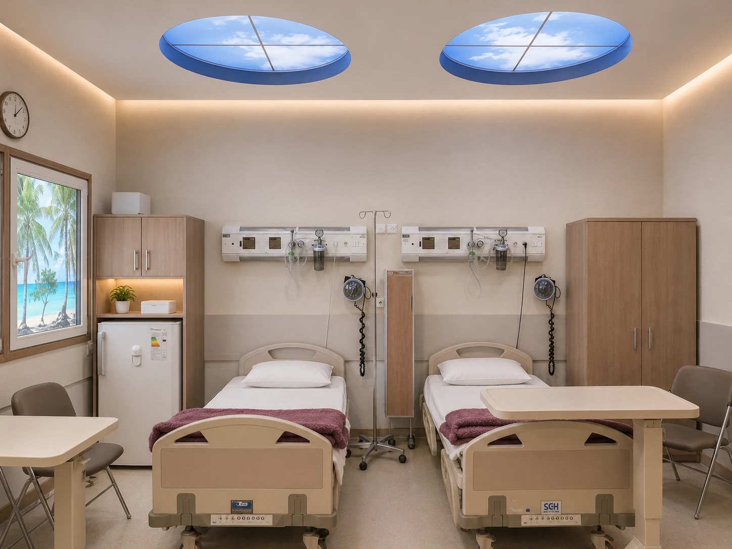 Two chemotherapy treatment beds at Day Hospital with medical-service headwalls, bedside tables and sky ceiling panels