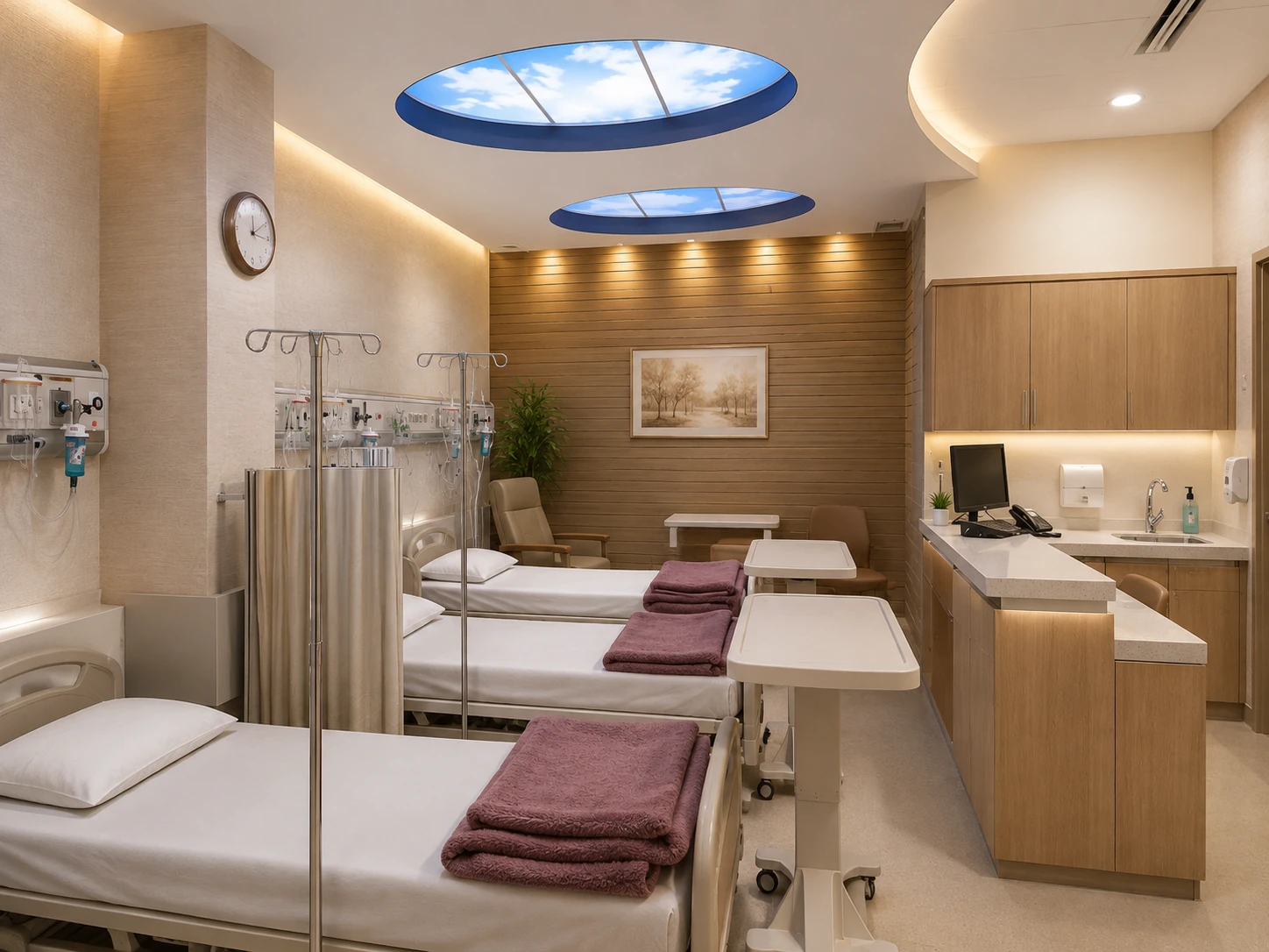 Shared chemotherapy treatment area at Day Hospital with patient beds, IV poles, medical headwalls and staff support station