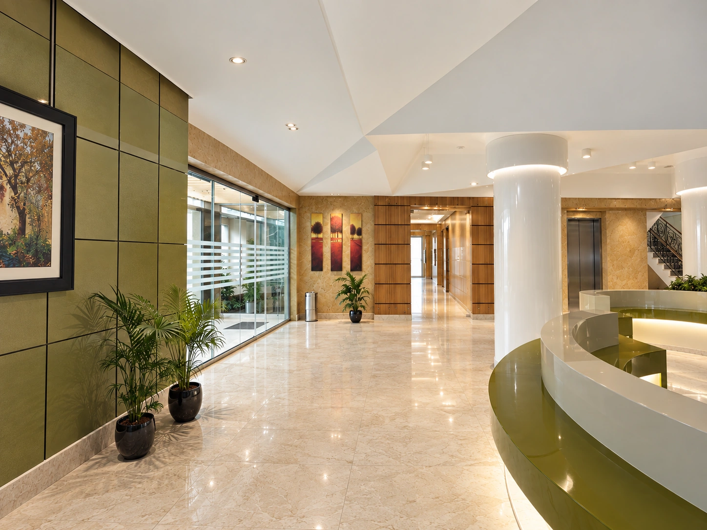 Day Hospital lobby circulation with green wall panels, glazing, white columns and access to corridors and elevators