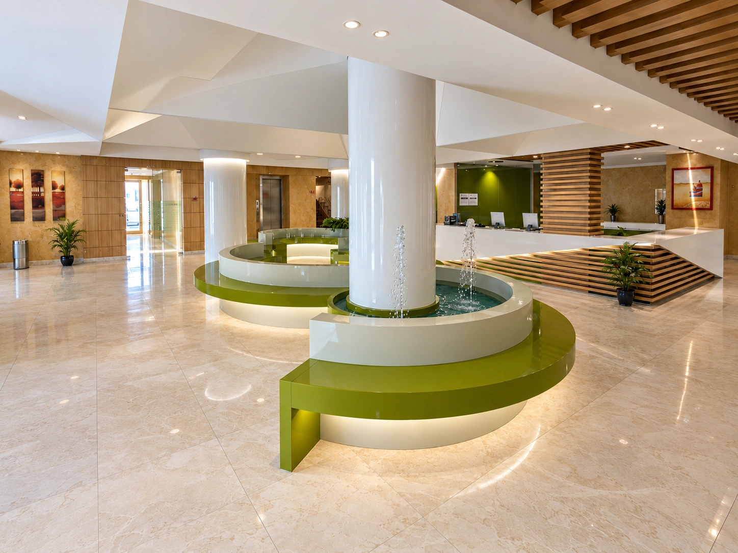 Central Day Hospital lobby with water feature, curved green seating and reception desk in the background