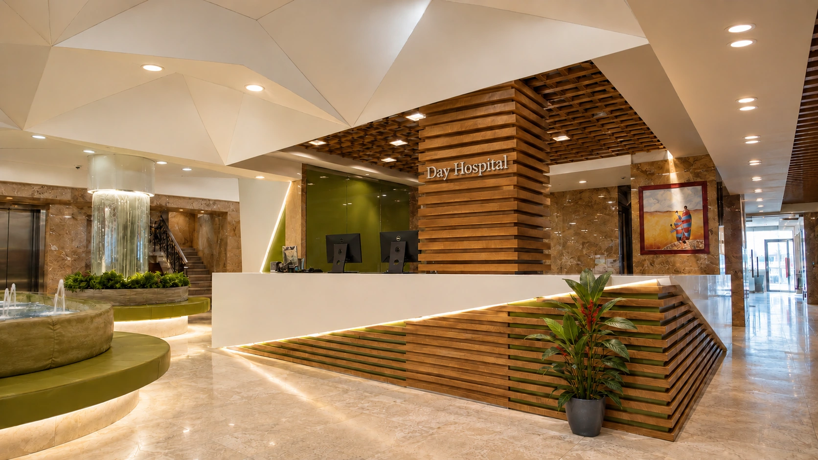 Day Hospital lobby in Tehran with timber reception desk, faceted white ceiling and integrated lighting