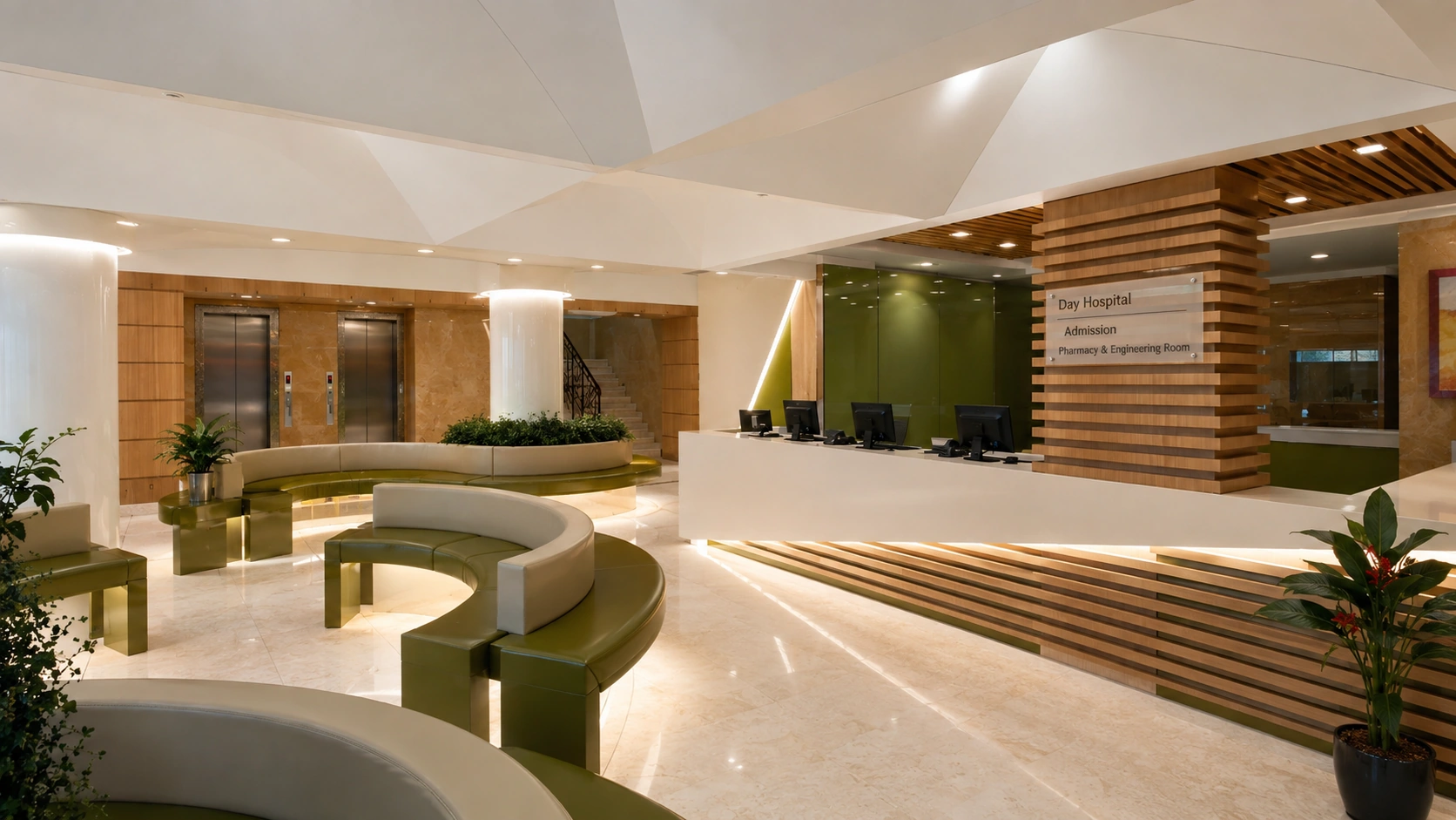 Wide view of Day Hospital lobby waiting and reception area with curved seating and elevators