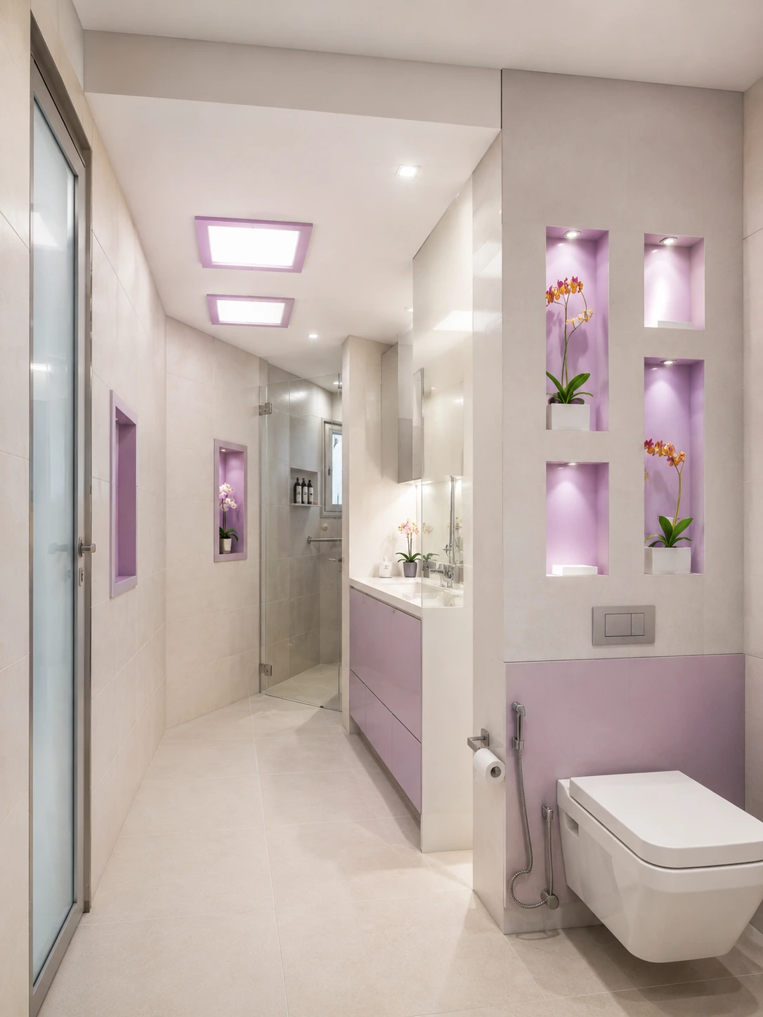 Private bathroom in the Purple VIP hospital suite with lavender cabinetry, illuminated niches and glass shower enclosure