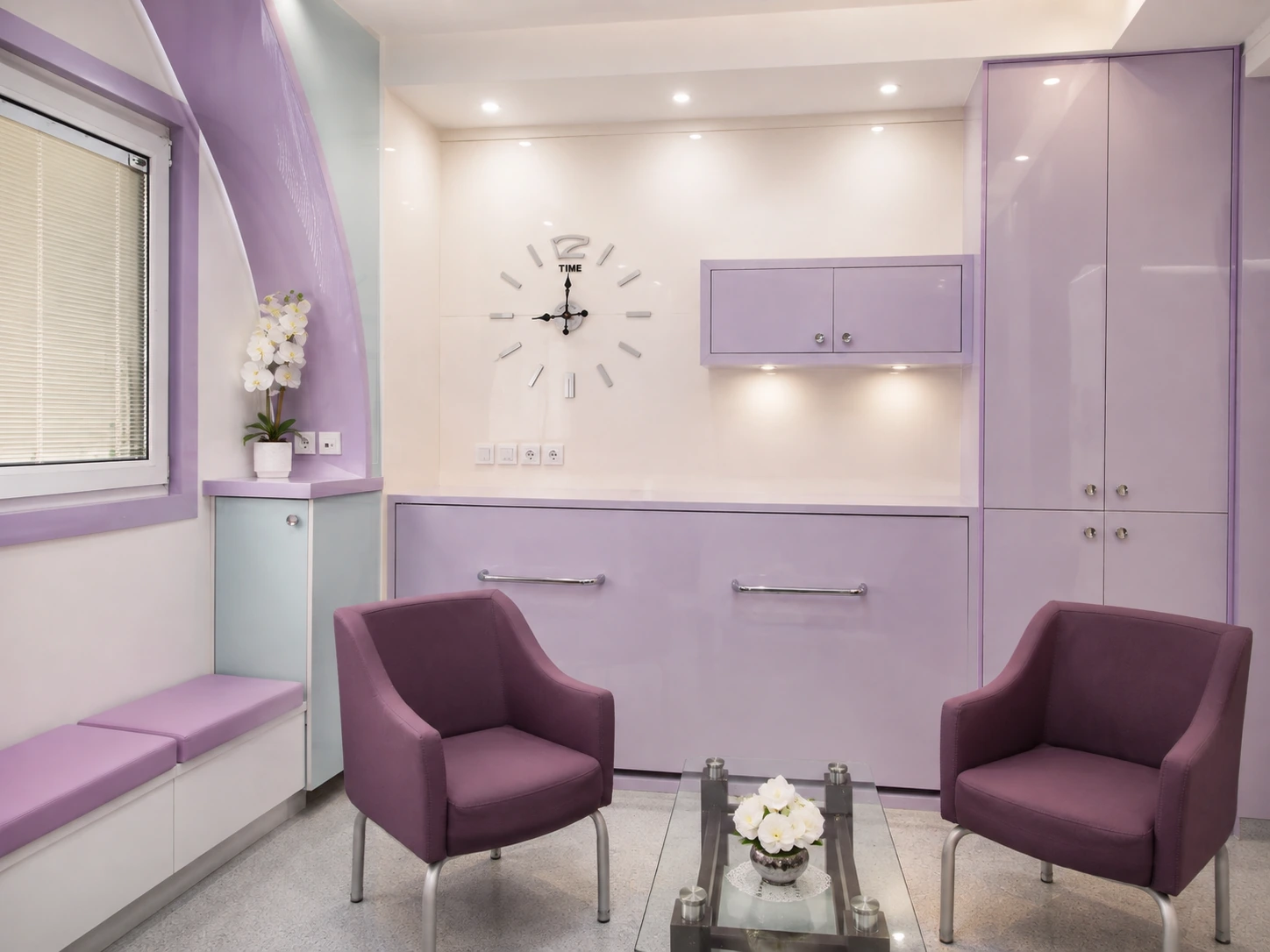 Companion seating area in the Purple VIP room at Day Hospital with lavender cabinetry and built-in storage