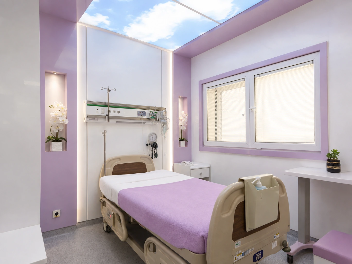 Purple VIP patient room at Day Hospital with hospital bed, medical-service headwall, window and luminous sky ceiling