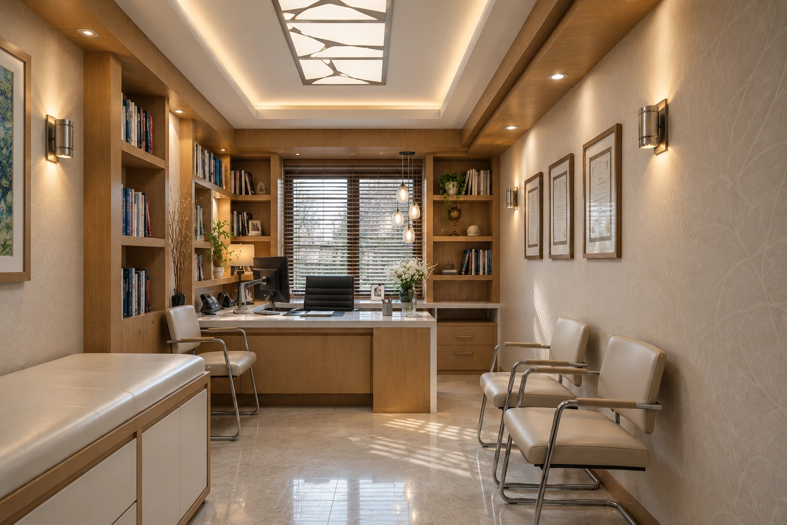 Consultation room with built-in shelving, desk and visitor seating at the cardiology clinic.