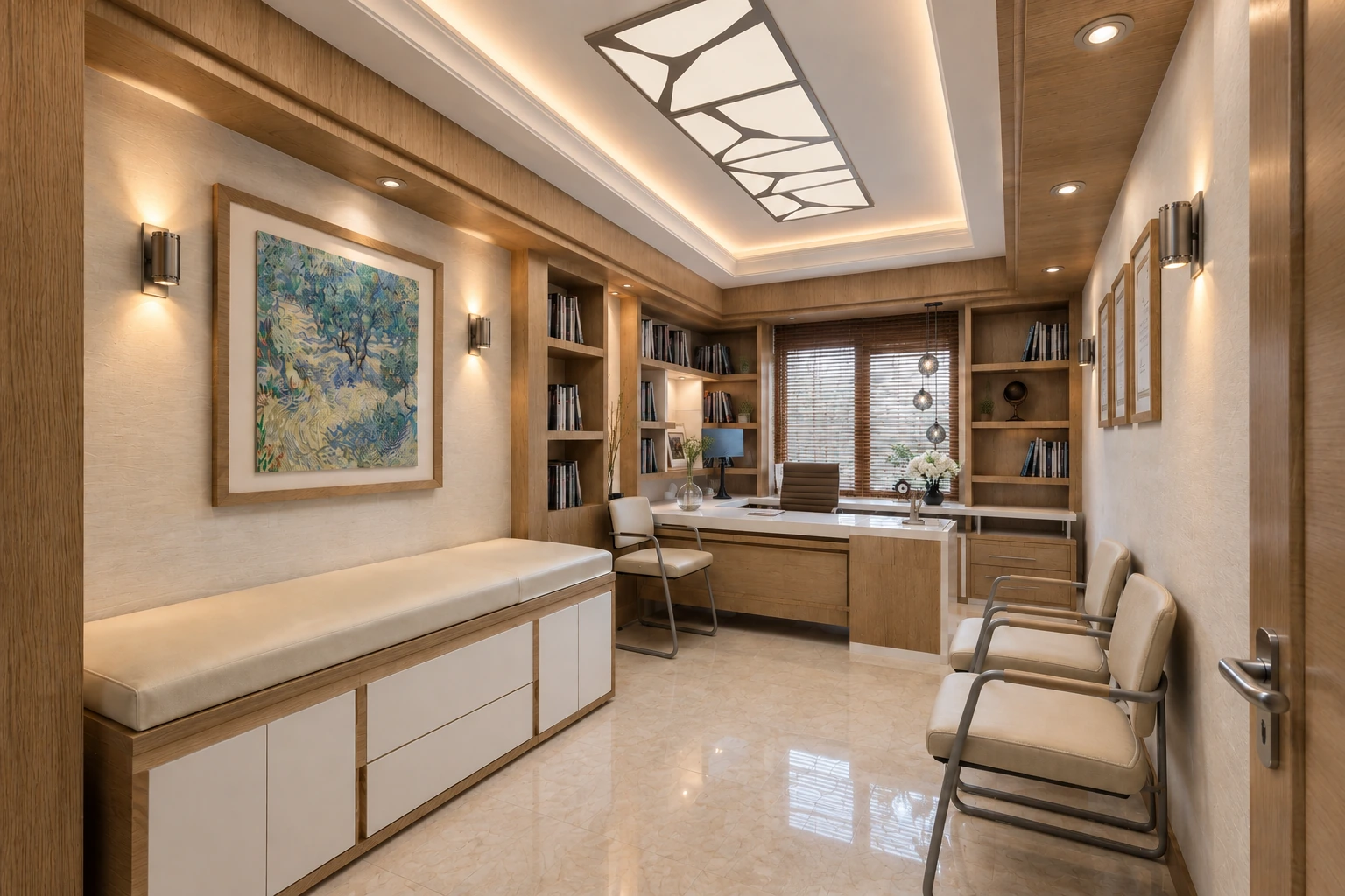 Doctor consultation room with examination bench, desk and warm wood interior finishes.