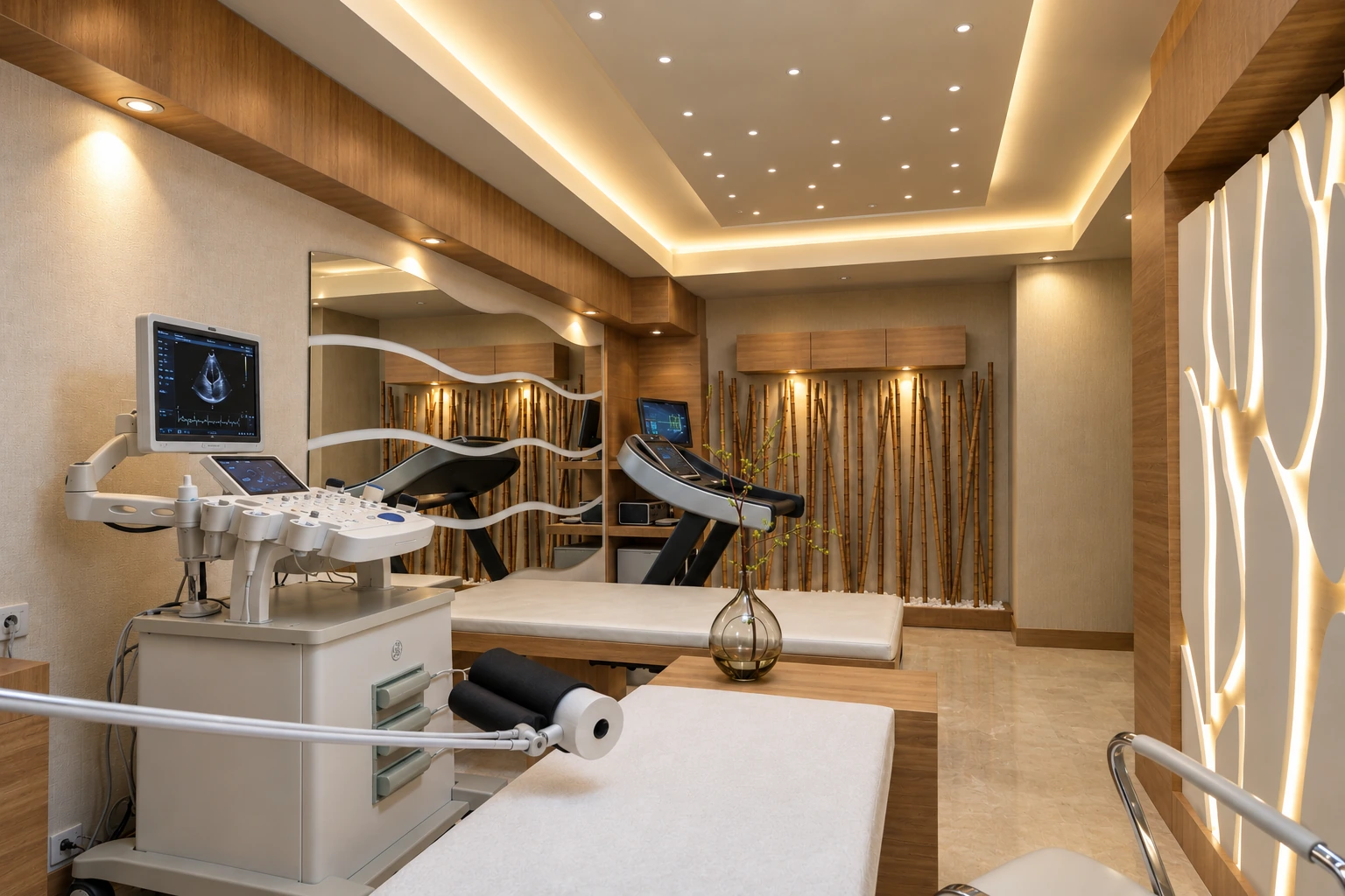 Cardiology diagnostic room with medical imaging equipment, examination bed and treadmill.