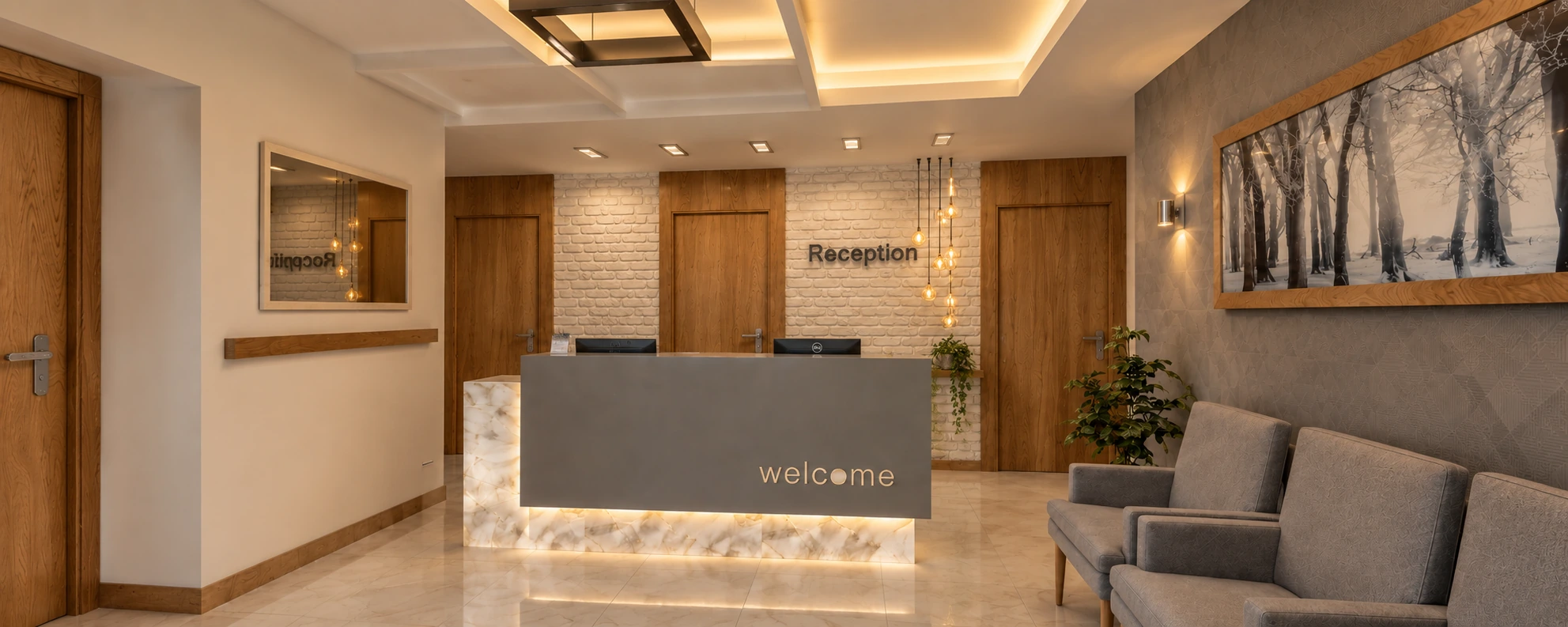 Main reception desk and waiting seating at Dr. Firoozi Specialized Cardiology Clinic.